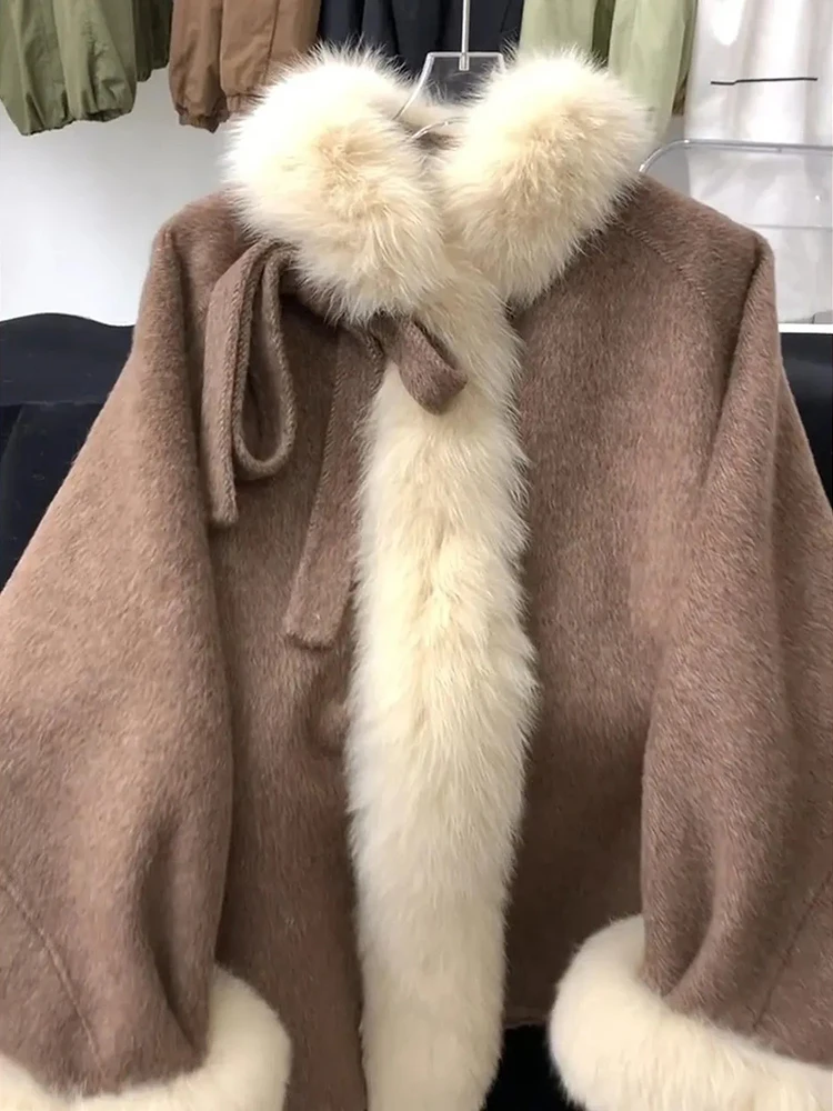 Women Bow Woolen Coats Thick Warm Long Sleeve Fur Collar Patchwork Casual Outwear Preppy Sweet Simple Office Lady Female Tops