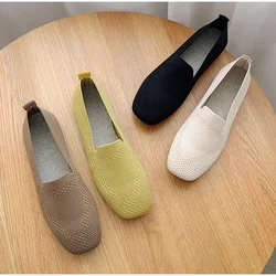 2023 New Female Ballet Shoes Women Square Toe Flat Bottom Knit Fabric Daily Loafers Summer Soft Sole Breathable Mesh Drive Shoes