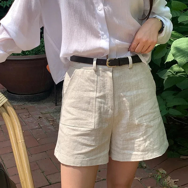 Sommerliche Freizeit-Shorts für Damen aus Baumwolle und Leinen, Neu 2026, mit doppelten Taschen, hoher Taille, dünn, koreanischer Stil, Reißverschluss, gerade geschnitten