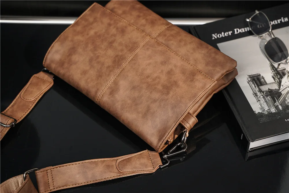 Vintage Herren-Umhängetasche, modische Umhängetasche mit Klappe für Männer, dreilagige Tasche, Messenger-Taschen, luxuriöse Umhängetasche aus PU-Leder für Männer – Detail 10