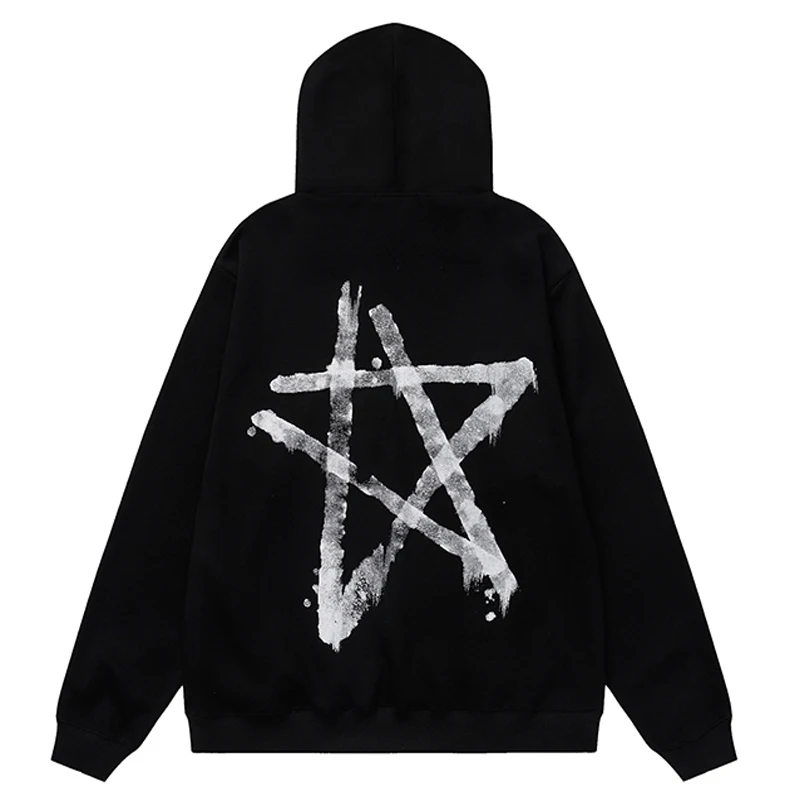 Streetwear Hip Hop Oversized Hoodies Sweatshirt Star Letter Print Graphic Hoodie Retro Washed Black Cotton Men Hooded Pullovers