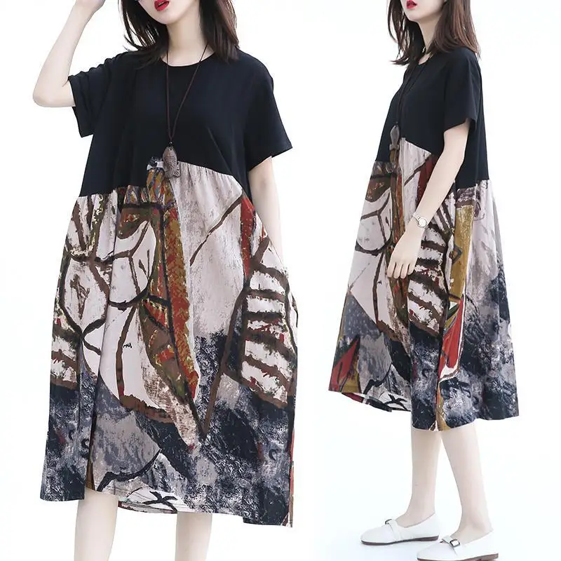 

Oversized Summer Korean Printing O-neck Short Sleeve Vintage Dress Ladies Fashion Patchwork Loose Midi Dress Women Clothing