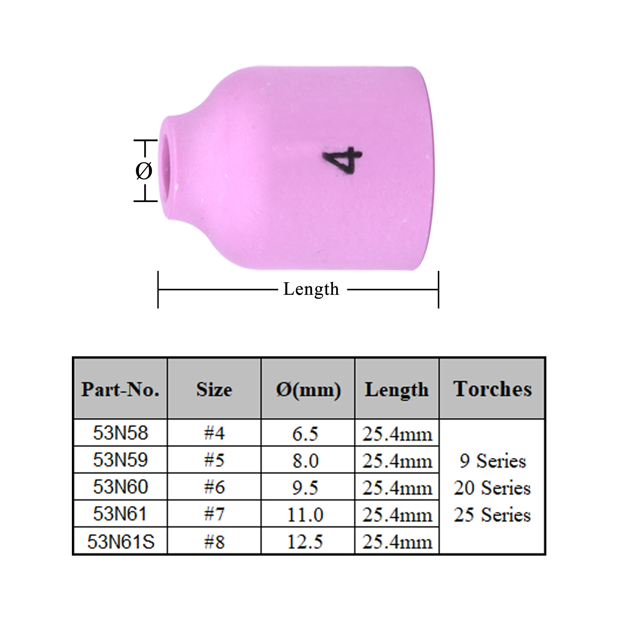 10PCs 25.4mm 53N58 53N59 53N60 53N61 53N61S 35mm  53N58L 53N59L 53N60L 53N61L 53N61SL Alumina Nozzles For TIG WP9/17/18/20/26