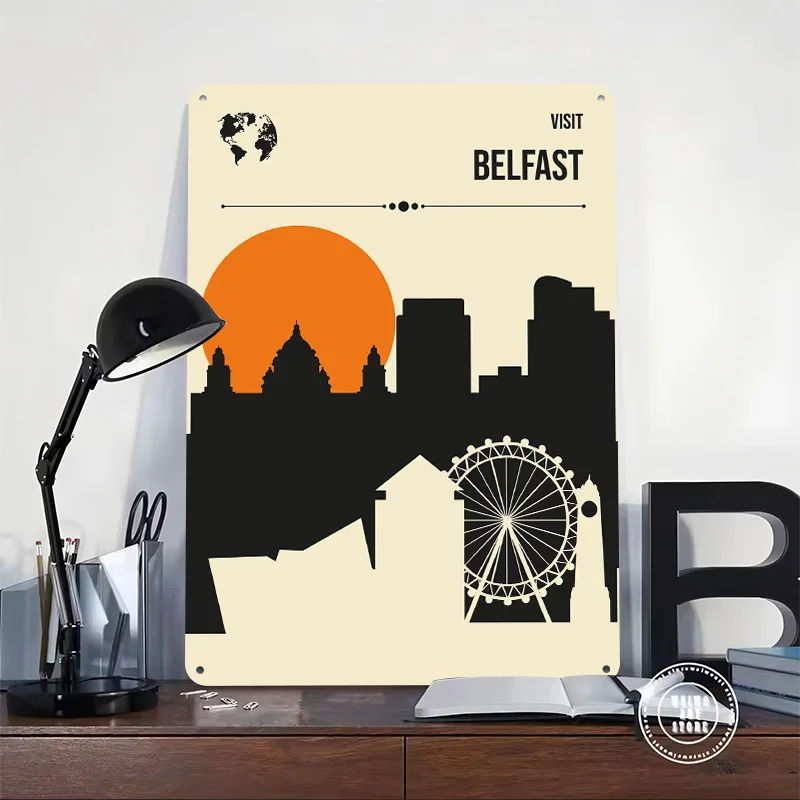 Visit Belfast Travel Poster Customized Vintage Metal Signs Wall Art Retro Tin Plaque for Modern Home Decoration Ornaments Garden