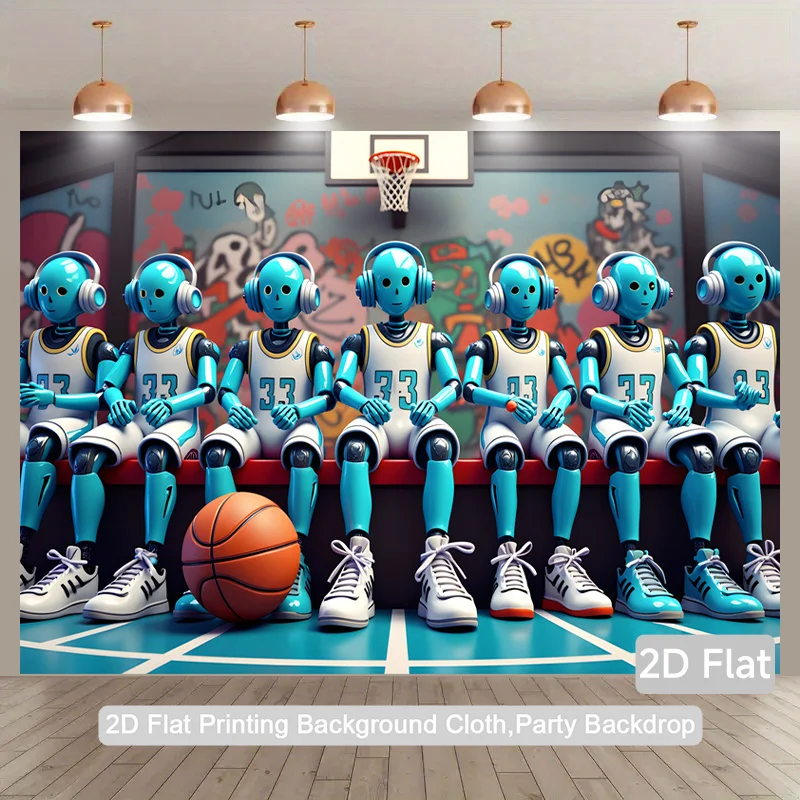 Robot Basketball Team Tapestry, Blue Android Players Wall Hanging, Sci-Fi Sports Art Decor for Bedroom Dorm Man Cave Background