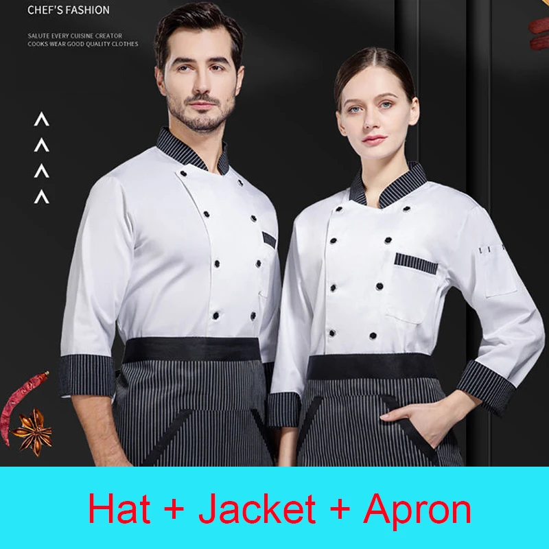 Chaqueta de Chef para hombre, ropa de cocina para restaurante, Catering, abrigo de Chef, panadería, gorro de cocina, café, camarero, delantal ajustable