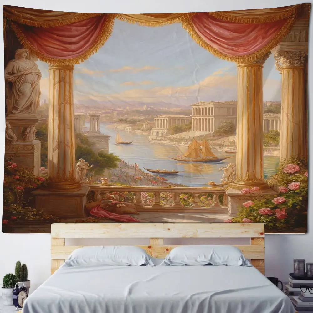 Medieval Roman Column Landscape Oil Painting Background Decoration Tapestry European Oil Painting Masters Works