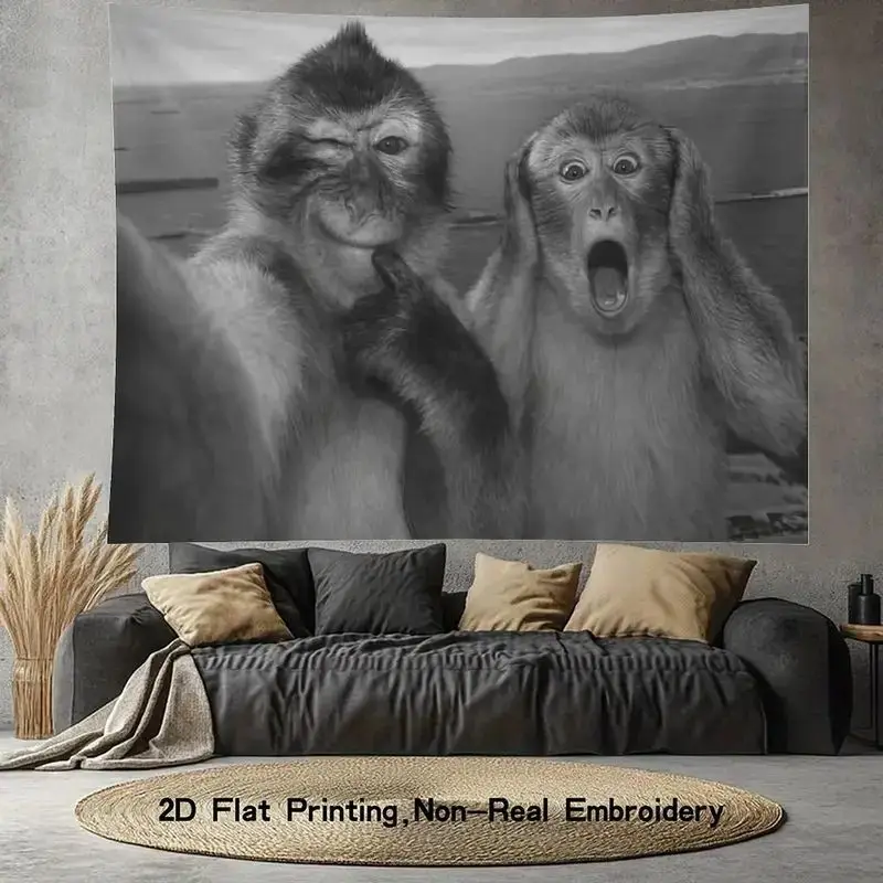 VIKAMA Funny Selfie Monkeys Black White Wall Tapestry Hanging Decor Bedroom Dorm College Humor Animal Art Soft Durable Cozy Gift