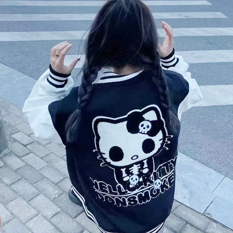 Anime Hello Kitty Y2K Cartoon Thick Coat Sweatshirt Women Black Baseball Jersey Sanrio Kawaii Autumn Winter Cute Coat Top Casual