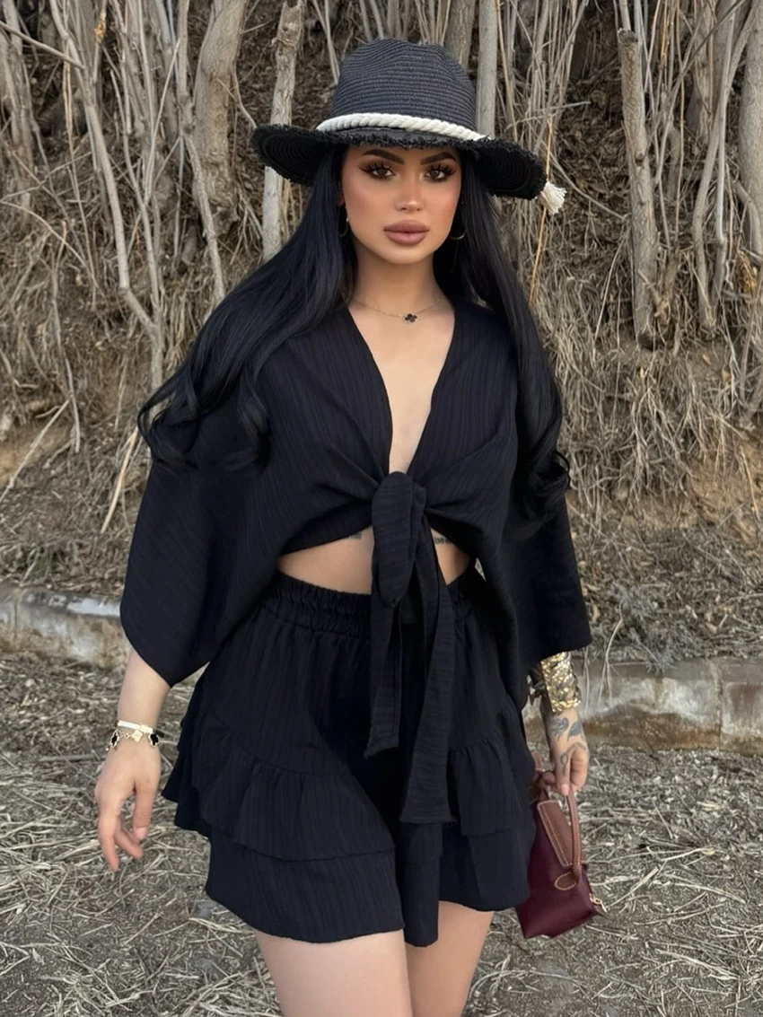 Marthaqiqi Loose Women Sleepwear Set Half Sleeve Pajamas V-Neck Nightwear Crop Top Nightie Shorts Ladies Nightgowns 2 Piece Suit