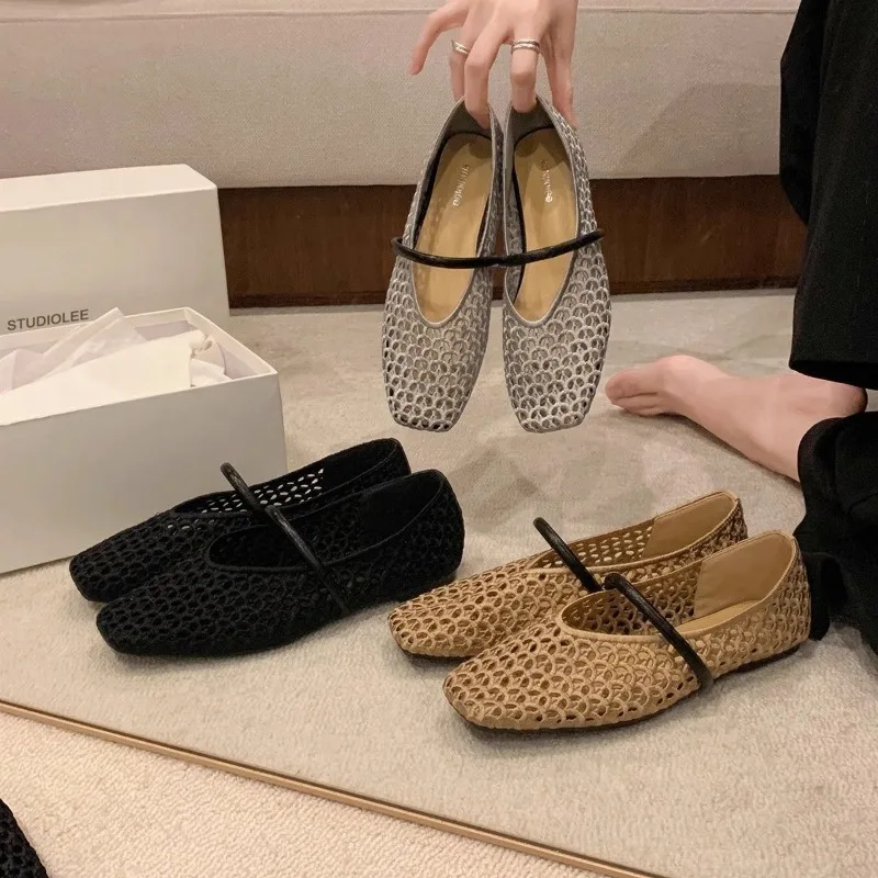 Square Head Hollow Woven Casual Comfortable Women's Flat Shoes Cut-out Mary Jane Single-layer Shoes Fishnet Shoes