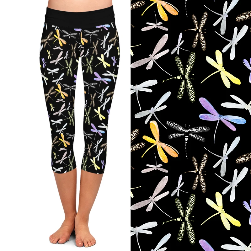 LETSFIND-mallas de cintura alta para mujer, Leggings Capri con estampado de libélula 3D, pantalones elásticos de media pantorrilla, Fitness suave,