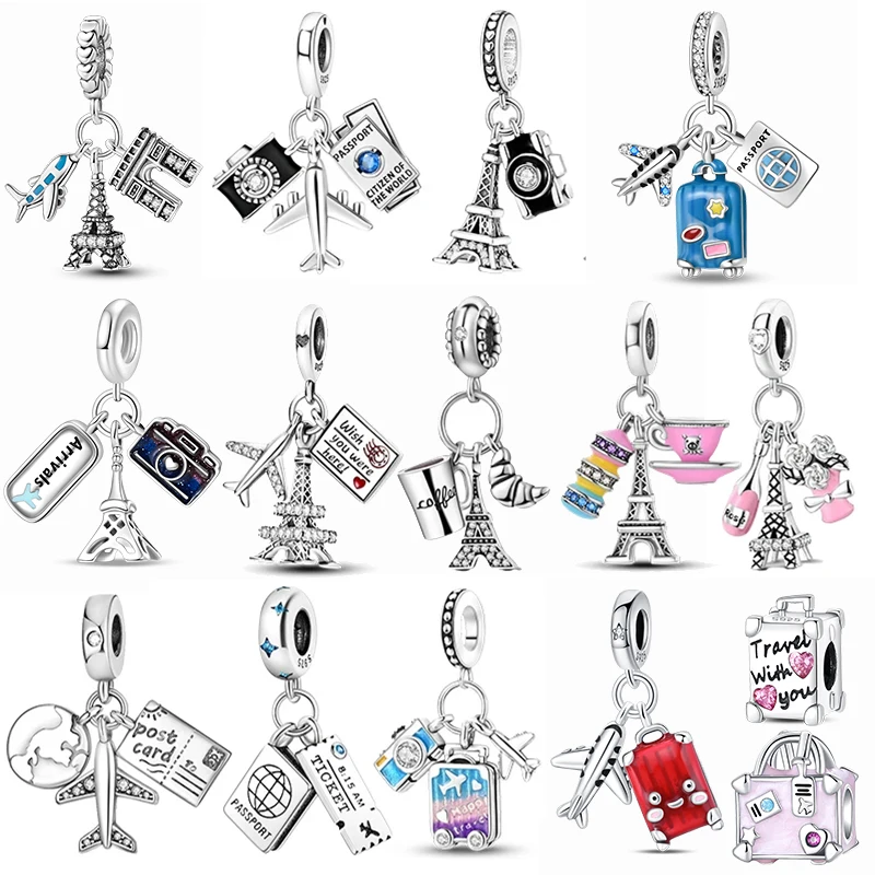 925 Sterling Silver camera Iron Tower aircraft Travel Charms Beads Fit Original Bracelets DIY Anniversary Jewelry Women