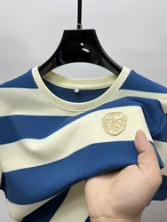 2024 High end brand fashion badge printed short sleeve T-shirt men summer trend striped round neck T-shirt casual breathable top