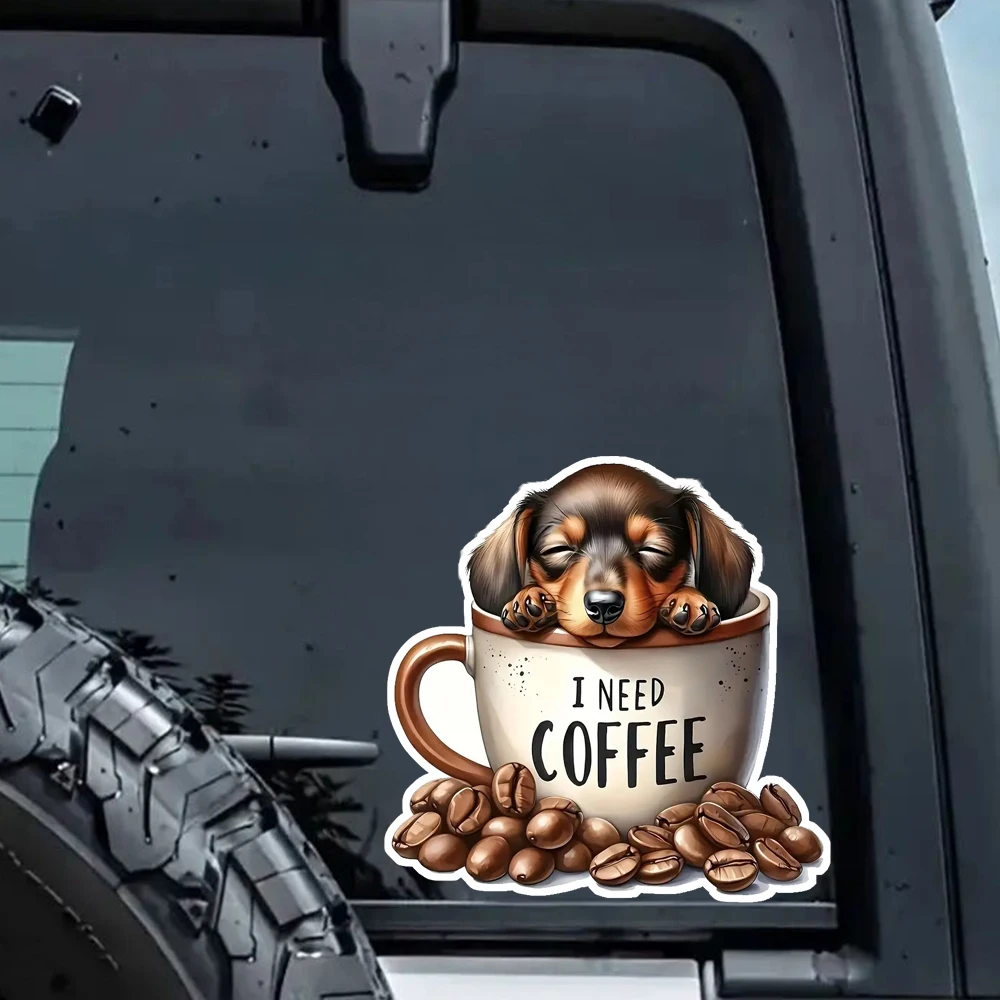 14x14cm Coffee Cup Dog with Coffee Beans Decal Sticker - Self-Adhesive Car Window, Bumper, Wall & Laptop Decoration