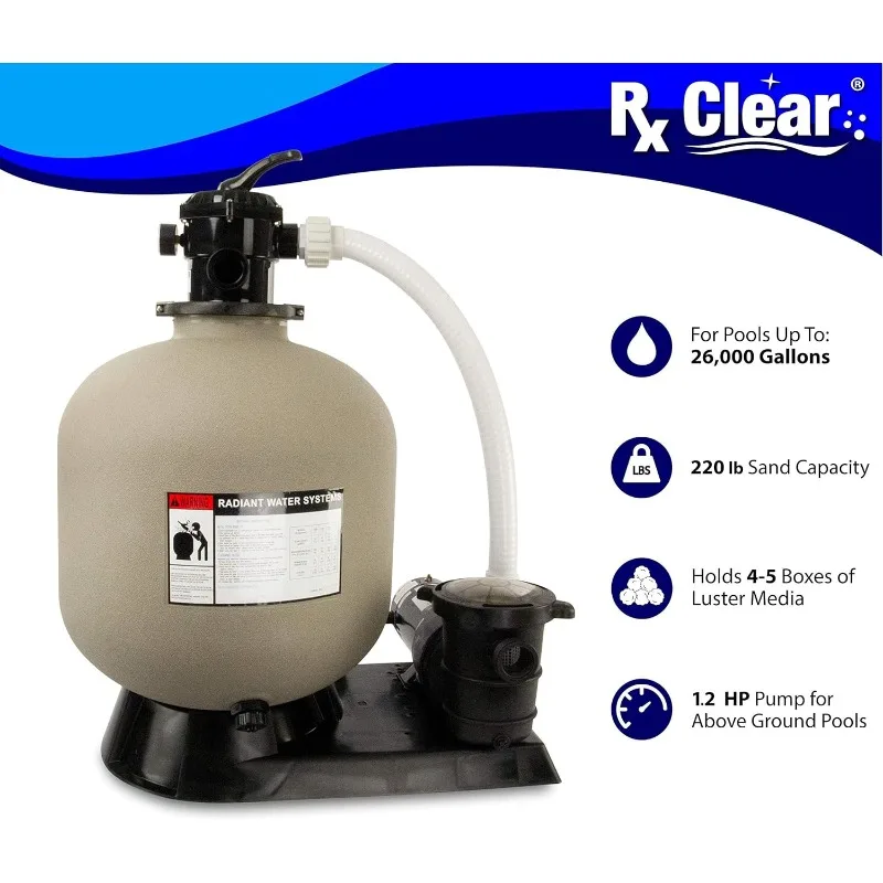 Rx Clear Radiant Complete Sand Filter System | for Above Ground Swimming Pool | Extreme Force 1 1/2 HP Pump | 22 Inch Tank