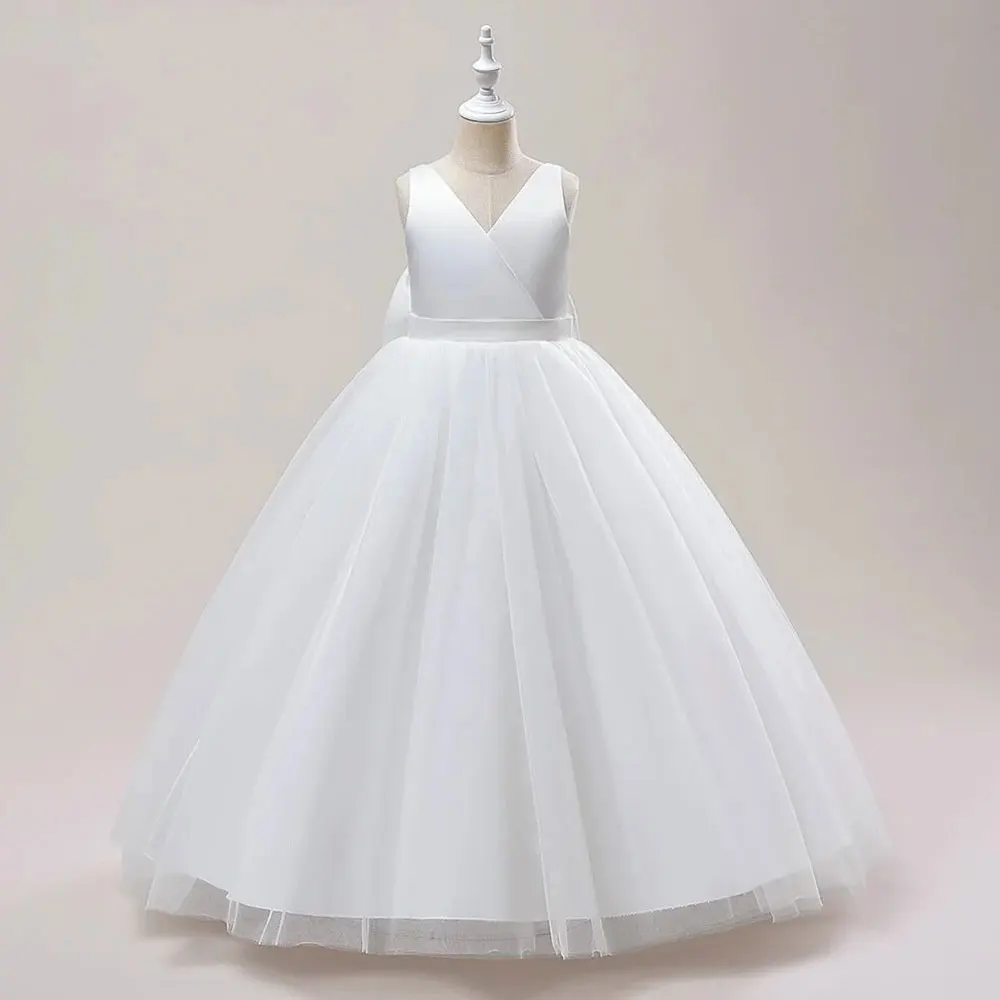

Girl Kid's Dress A-Line Tulle V-Neck Draped Backless With Bow Back Zipper Dresses Sleeveless Simple 15 Quinceanera Grom
