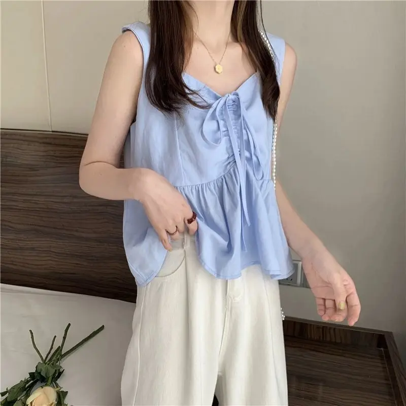 ملابس كاميس كورية عصرية برباط كاميس ملابس نسائية بلون واحد قطع علوية صيفية مكشكشة مقسمة بدون أكمام جديدة #6