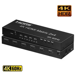 2x4 HDMI Matrix Switch 4x2 4K 60Hz Matrix HDMI2.0 Switch Splitter 2 in 4 out with Optical 3.5mm Audio Out with IR Remote HDCP2.2