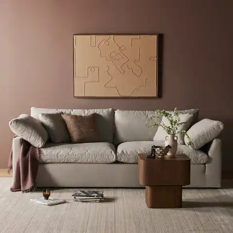 Linen light gray three person straight sofa, simple square armrest, removable washable down living room fabric sofa
