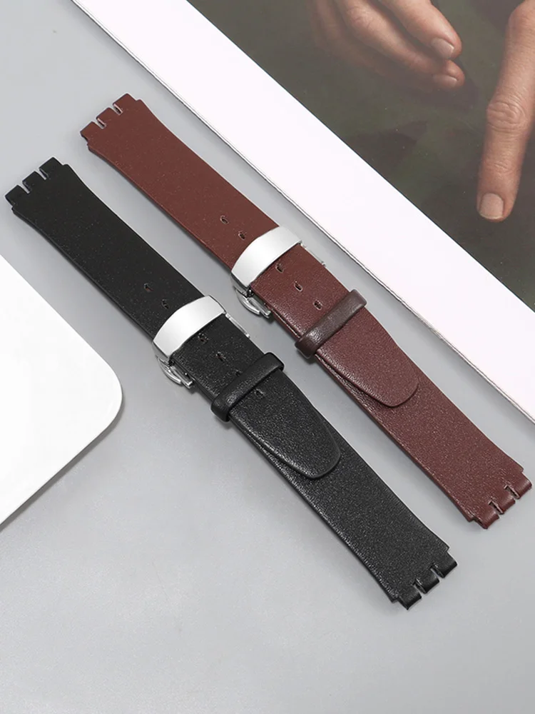 Correa de reloj de cuero genuino para hombre y mujer, pulsera de cuero vacuno suave, 16mm, 17mm, para Swatch SS07S101 SS07S104, accesorios de repuesto