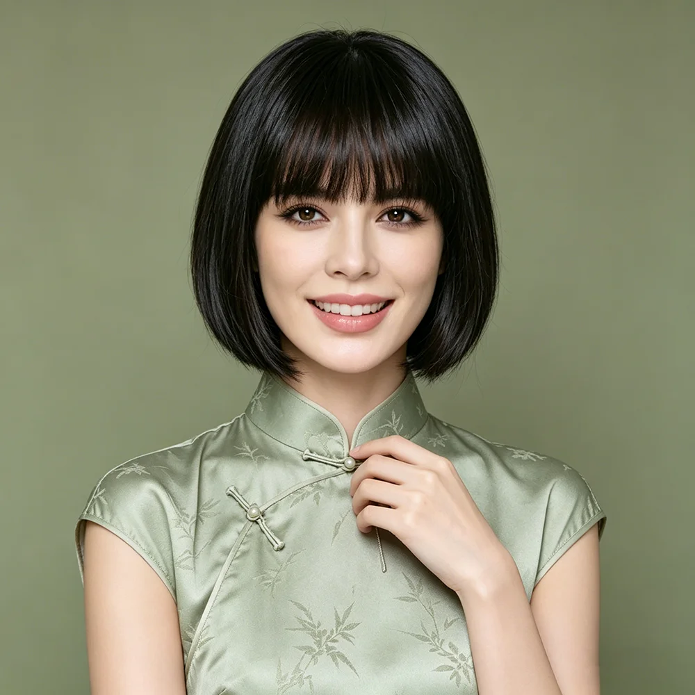 

Straight short Human Hair wig with full bangs Short Black Blunt Cut Bob Wig Full Machine Made Wig for Summer Daily Wear