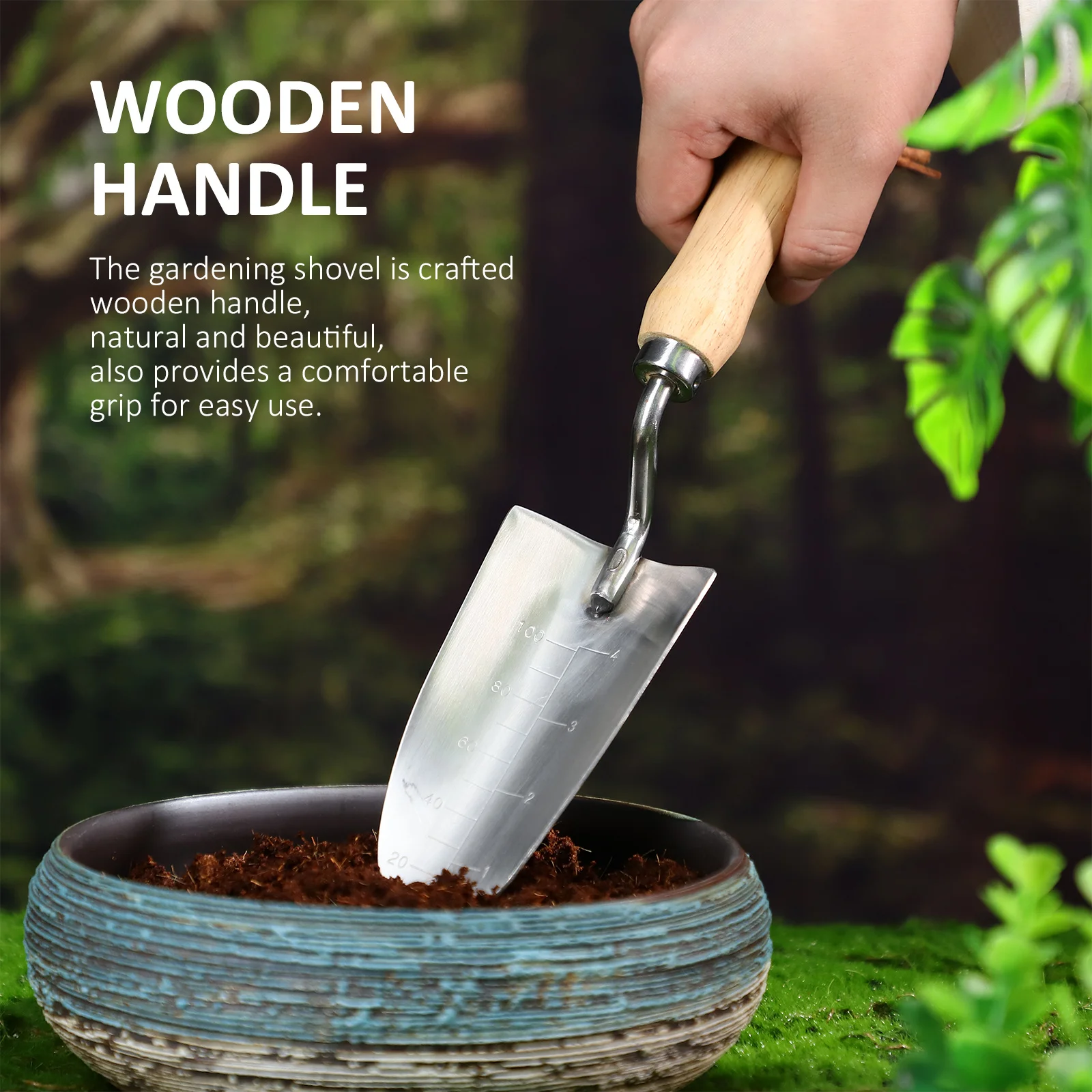 

Stainless Steel Garden Wooden Handle Scale Markings Multi-Functional Hand Trowel Gardening Tool For Digging Planting Spade Hand