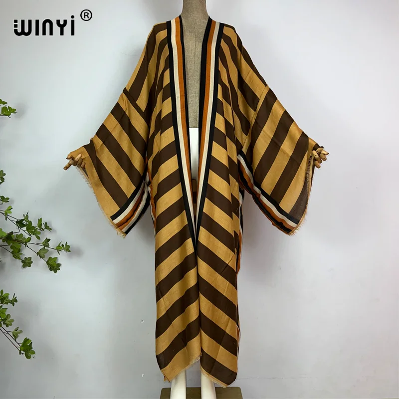 WINYI-kimono con estampado a rayas para mujer, traje de baño de estilo bohemio de África, cárdigan elegante, ropa de playa sexy para vacaciones,