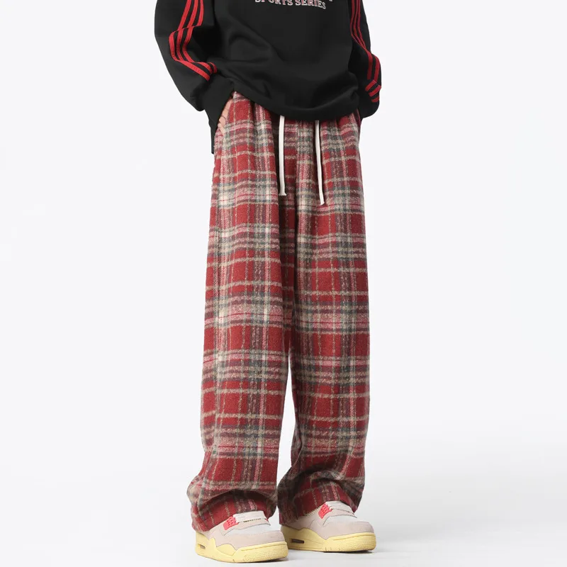 Autumn Casual Pants Men Oversized Fashion Retro Plaid Pants Men Streetwear Hip-hop Loose Wide Leg Pants Mens Vintage Trousers