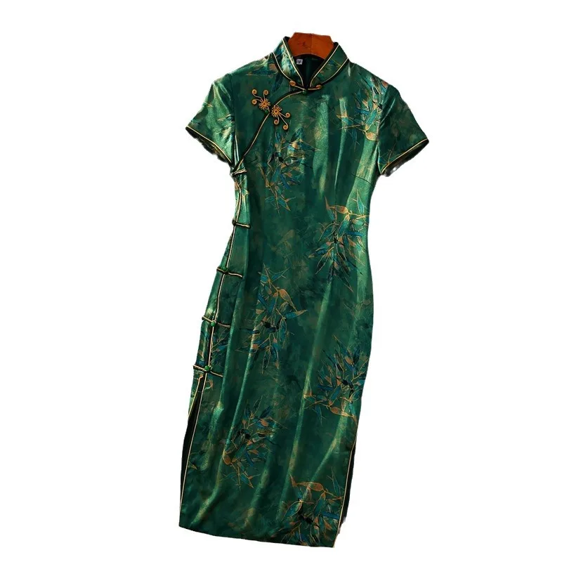 Spring and Summer New Stand Collar High Quality Real Silk Printed Slit Chinese Style Improved Cheongsam Qipao Women's Dress