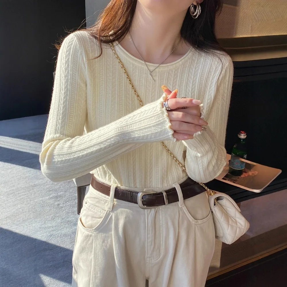 

Ruffled Edge Long Sleeved Knitwear Slim Fit Pullover Sweater Top Spring Autumn Winter Bottoming Shirt Knitted Top for Women