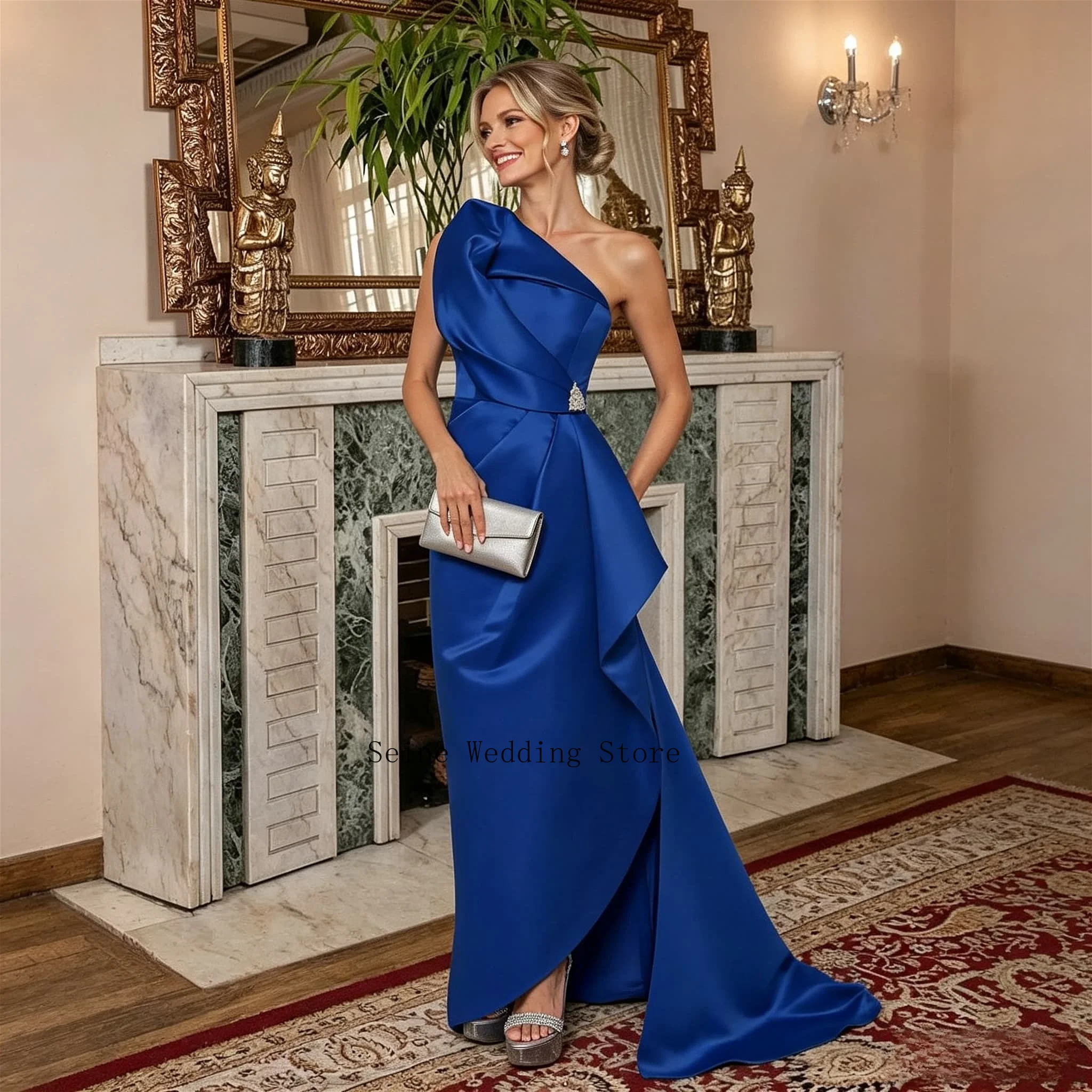 Customized Royal Blue A Line Satin Mother of The Bride Dress Crystal One Shoulder Sleeveless Draped Formal Wedding Party Gown