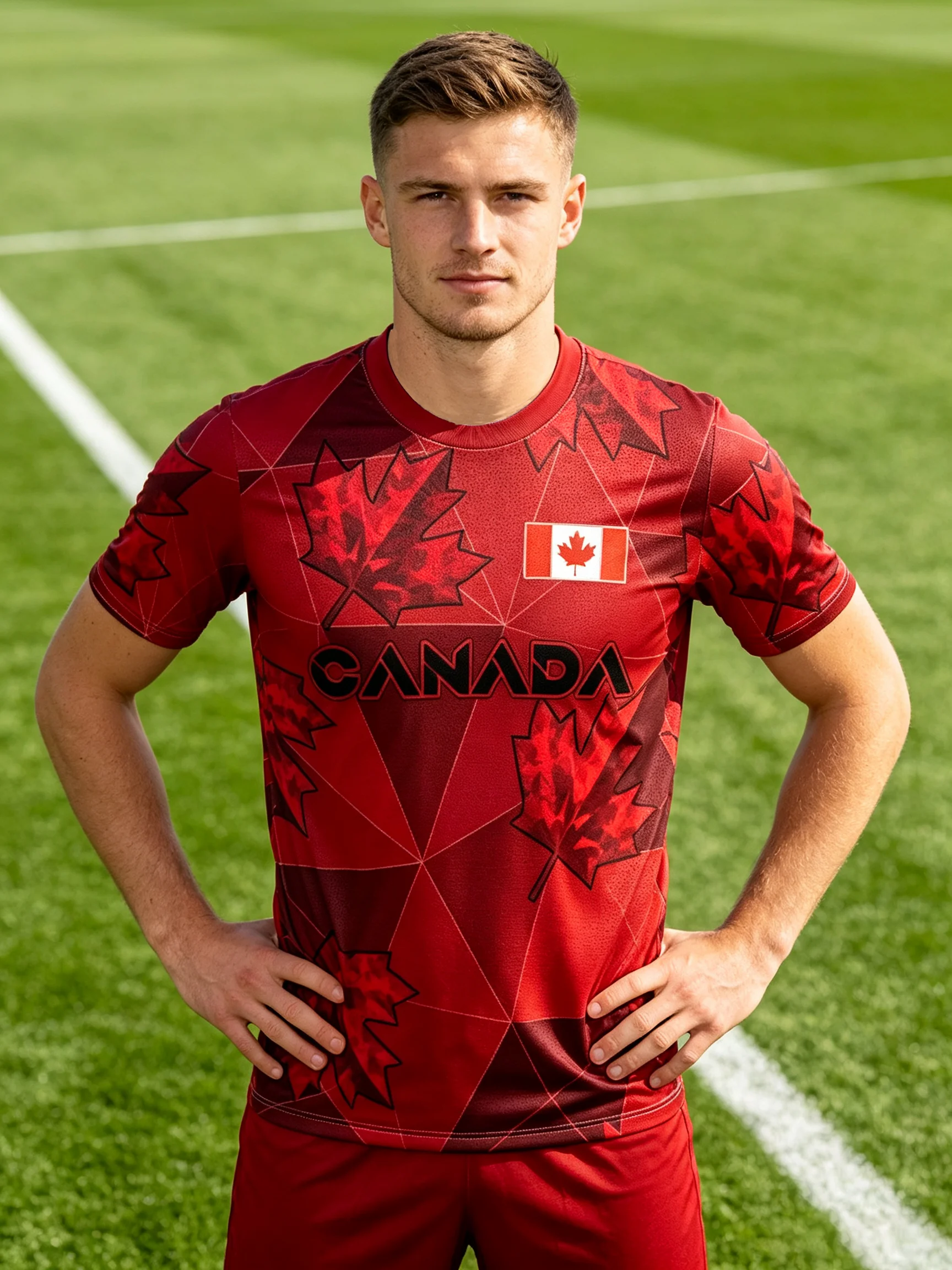 Canada soccer jersey,red geometric background,maple‑leaf print,national badge,quick‑dry,multiple collar styles