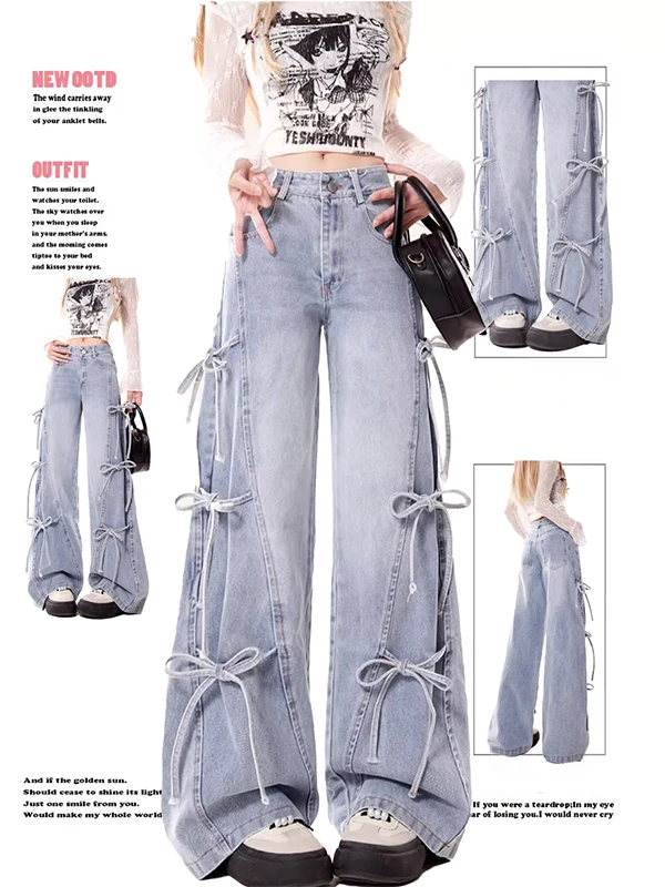 

Retro Bow Tie High Waist Wide Leg Jeans Women's Small Design Loose Straight Long Pants Casual Sle Button Crt Worn Look Zi...