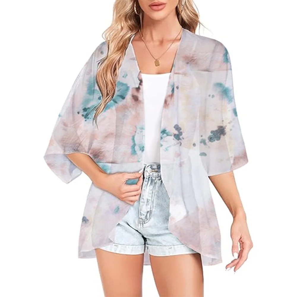 

Women Floral 3D Print Half Sleeve Shawl Chiffon Kimono Beach Cardigan Bikini Cover Up Wrap Beachwear Anti-UV Coat Summer Top