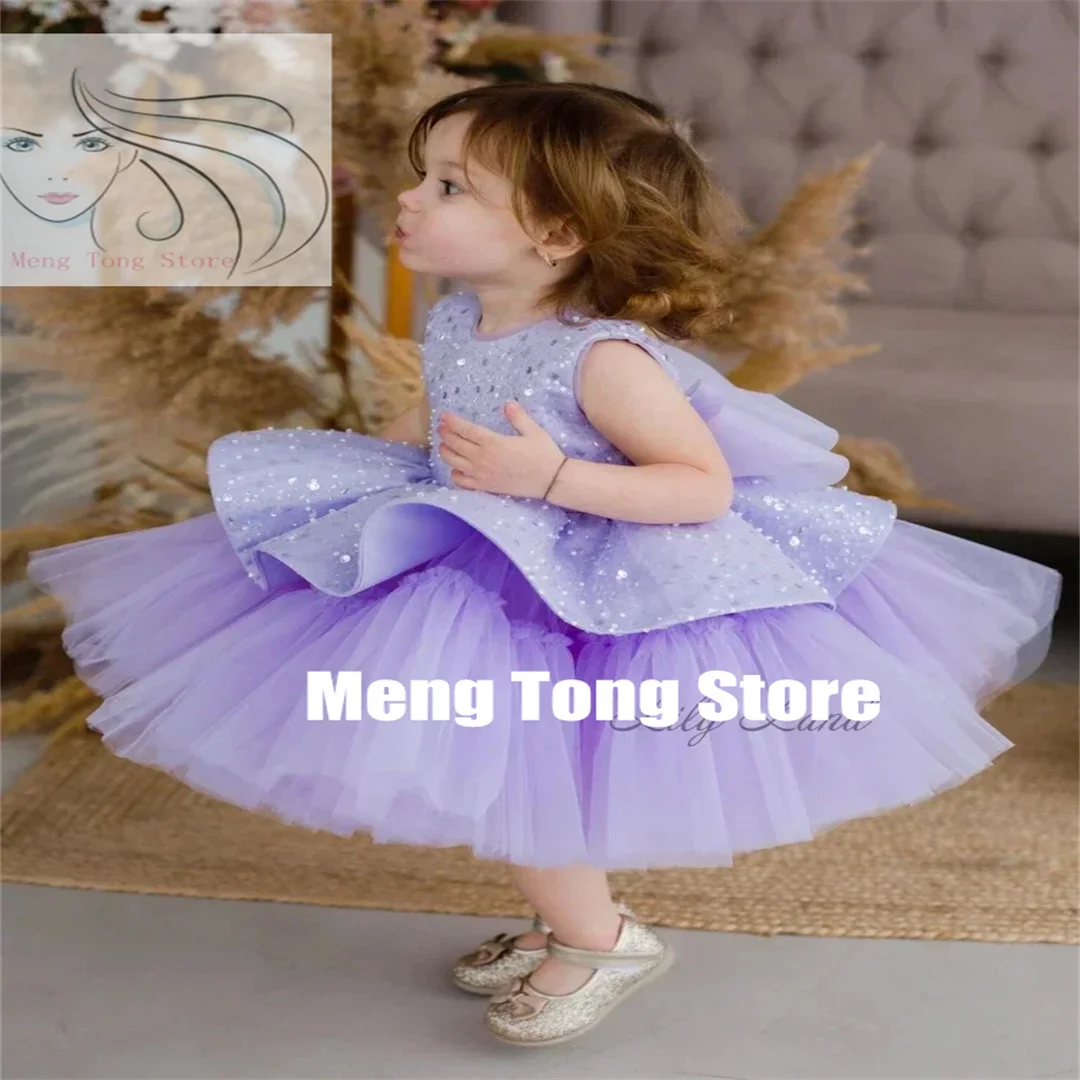

Customized Flower Girl Dresses Wedding Tulle Sequin With Bow Sleeveless For Puffy Birthday Party First Communion Gowns