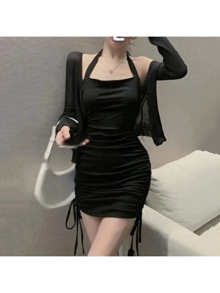 Neckholder Kordelzug Schwarz Minikleid Frauen Schulterfrei Sexy Party Club Tank Bodycon Kurze Sommerkleider