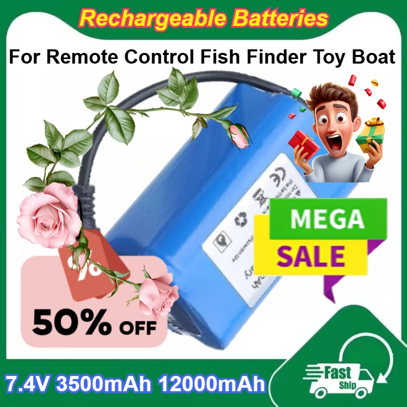 

18650 7.4V Rechargeable Lithium-ion Battery 3500mAh 12000mAh Capacity for Remote Control Fish Finder Toy Boat Batteries