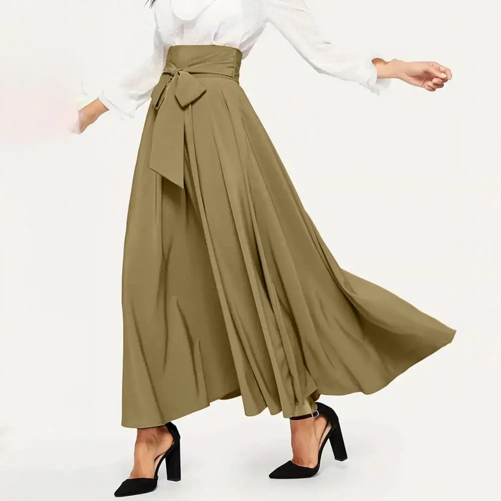 High Waist Women Skirt Elegant A-line Skirt Women Maxi Skirt High Waist Lace-up Pleated A-line Wide Band Big Swing Ankle Length