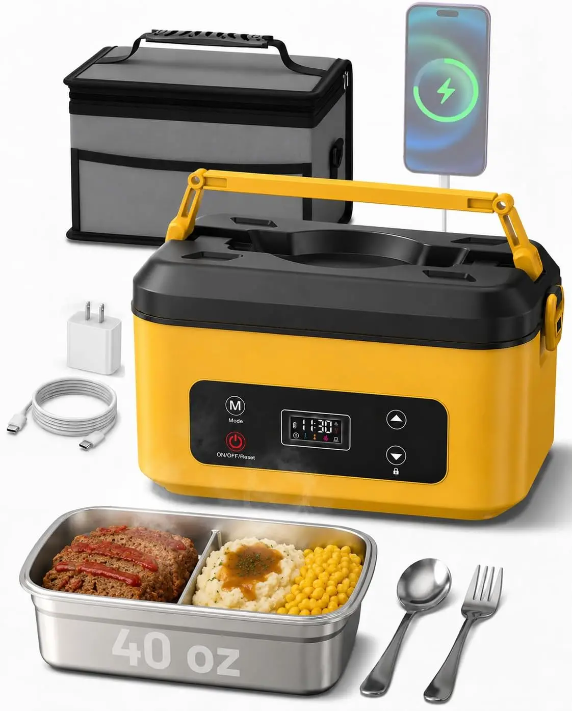 TaskStar 1.2L Heated Lunch Box Cordless Battery Powered Electric Lunchbox Rechargeable Scheduled Heating Timer Portable for Truck Drivers Construction Sites Travel and Outdoor Meals