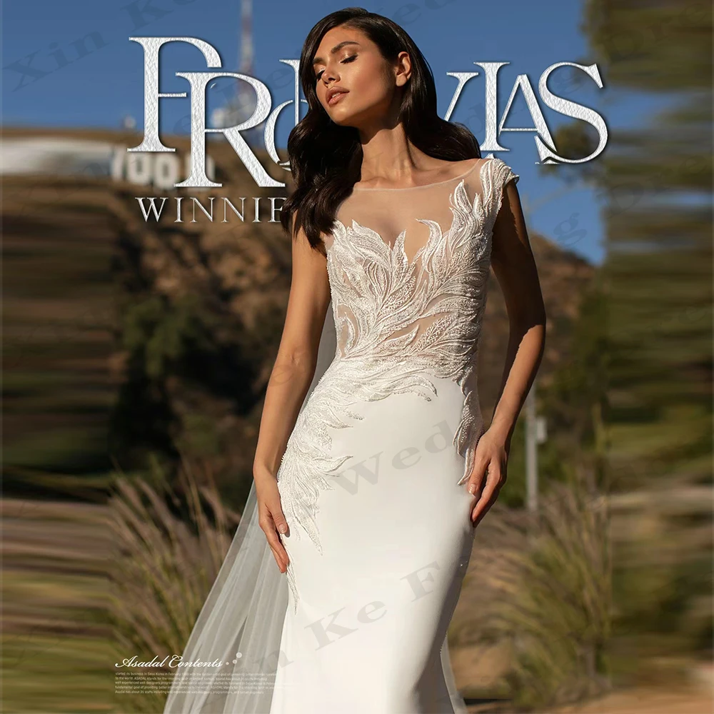 Vestidos De novia Retro elegantes para mujer, Apliques De encaje, Princesa, sirena, vestidos De novia para barrer el suelo, tren Formal para fiesta en la playa