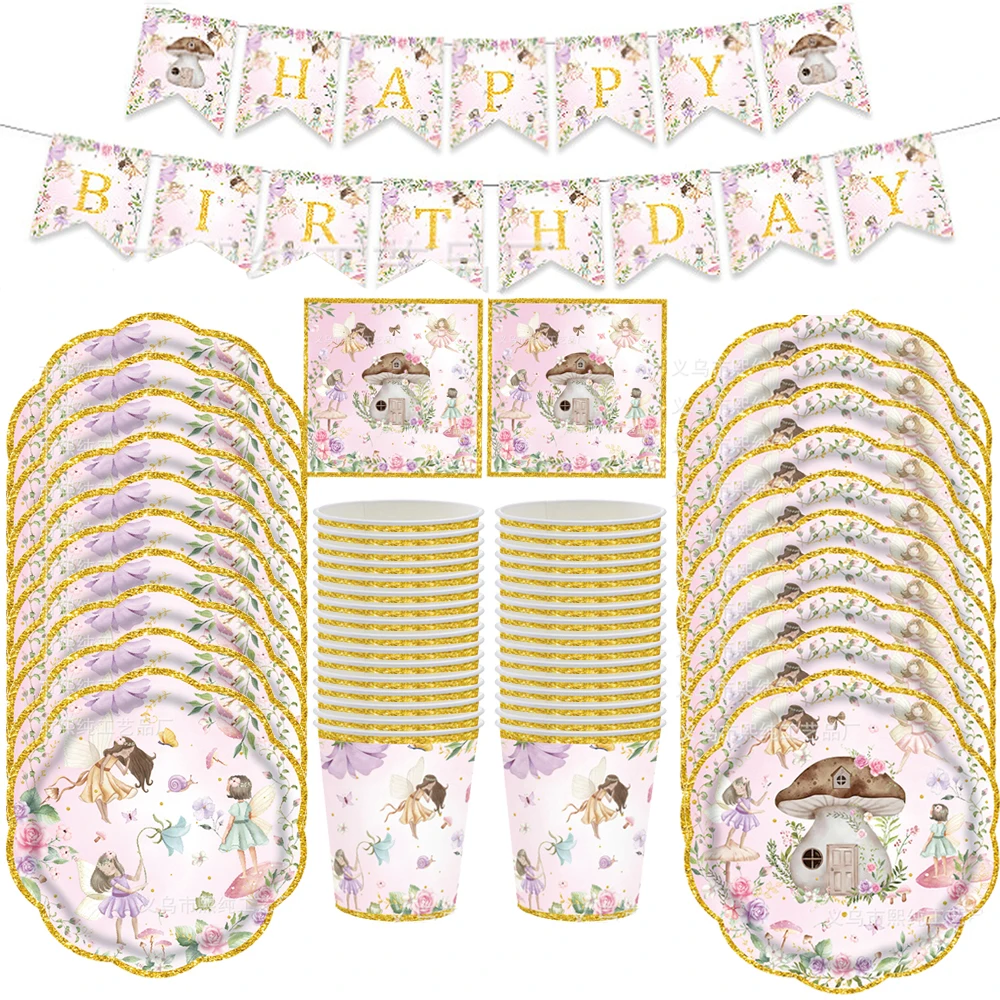 Juego de vajilla para fiesta de hadas, incluye platos de papel, vasos, servilletas, hadas de flores, bosque encantado, juego de cubiertos para jardín, decoración para Baby Shower