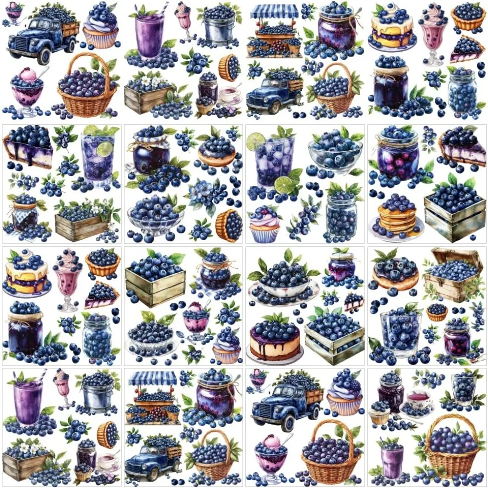 12 Sheets 12 Style PVC Stickers Heat Transfer Film for Window Decoration Blueberry 140x140mm 1 sheet/style