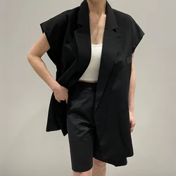 Retro Lapel Sleeveless Suit Jacket 2024 Summer Black Blazers Tops High Waisted Slim Wide Leg Shorts  Sets Womens Outifits