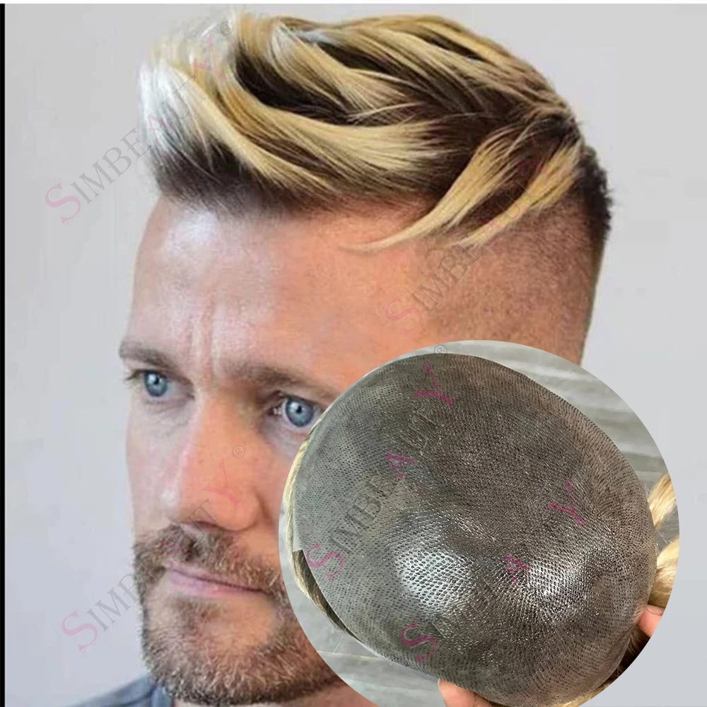 خط شعر طبيعي فائق 4T/613 # أومبير شقراء براون الجذر 0.06 مللي متر دائم رقيقة الجلد غير مكتشف الرجال الشعر المستعار شعر الإنسان Vloop الاصطناعية #1