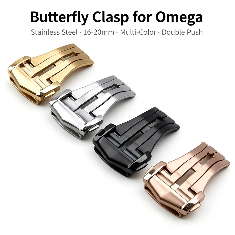 Stainless Steel Butterfly Clasp for Omega 16-20mm Double Push Deployment Folding Buckle Leather Rubber Replacement Watch Band