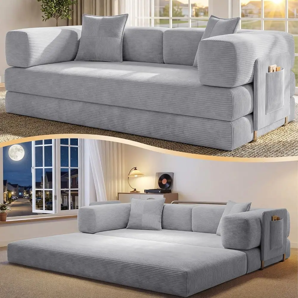 

Convertible Sofa Bed with Corduroy Fabric and Storage, Pull-Out Sofa, Grey, for Living Room