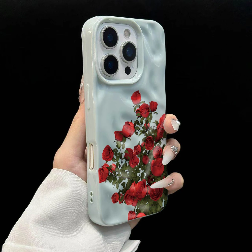 Koreanische Rosenblumen-Drucke Niedliche Handyhülle für iPhone 17 16 15 14 13 12 11 Pro Max 14 Plus 17Air Falten-Wellen Weiche Silikonhülle – Detail 10