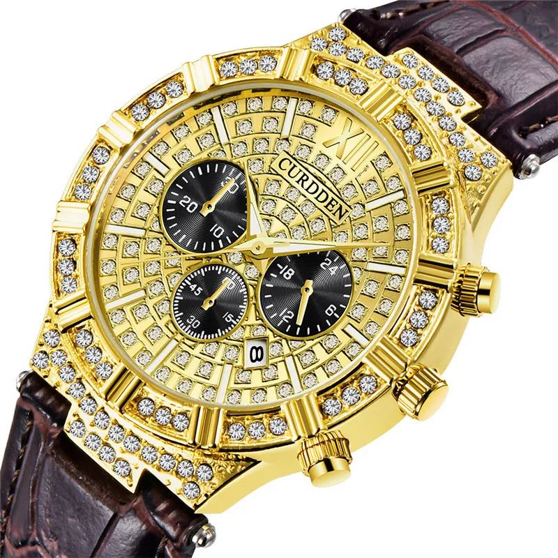 

2022 New Watch Men Women Luxury Diamond Hip Hop Iced Out Watches Fashion Leather Strap Calendar Quartz Wristwatch Clock Relogios