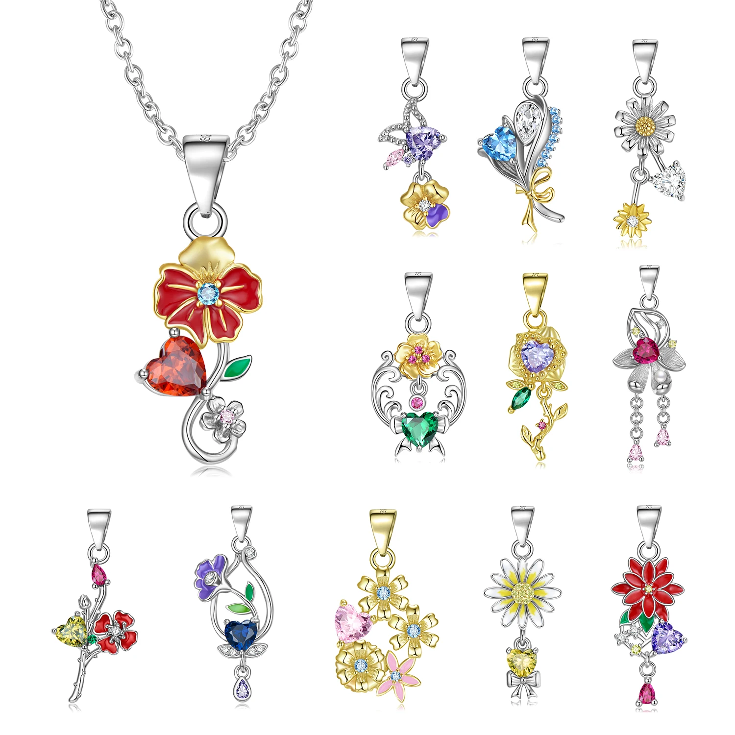 JIUHAO Pendant Necklace 925 Sterling Silver Twelve Flowers Seasons Garden Collection Pendant Necklace for Girl Women Jewelry